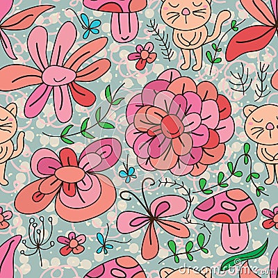 Cat flower natural seamless pattern Vector Illustration