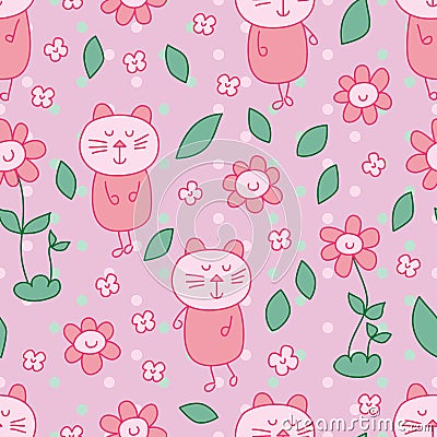 Cat flower sleep pink green seamless pattern Vector Illustration