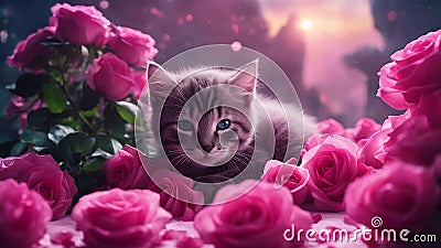 cat and flowers highly intricately detailed photograph of A kitten sleeps deeply amidst bright pink roses Stock Photo