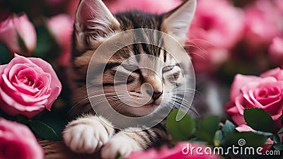 cat and flowers A kitten sleeps deeply amidst bright pink roses Stock Photo