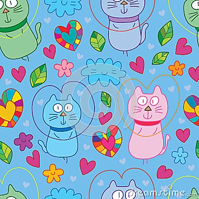 Cat fly love cute seamless pattern Vector Illustration