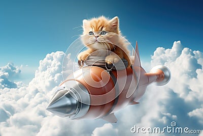 Cat flying on a rocket on bright sky Stock Photo