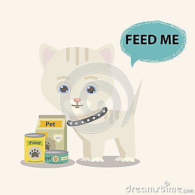 Cat with food in flat style Vector Illustration