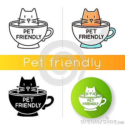 Cat friendly cafe icon. Kitten permitted food service establishment. Domestic animals allowed territory, pets welcome Vector Illustration