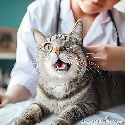 Cat frighten or surprised cat when female vet examining, veterinary clinic concept Generative AI Stock Photo