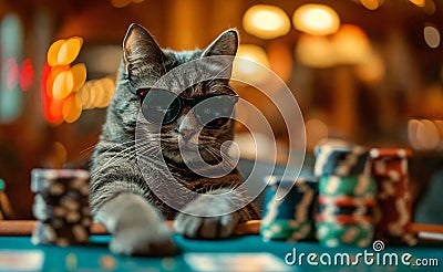 A cat gambler in sunglasses makes stacks in a casino. Generative AI Stock Photo