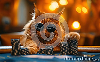 A cat gambler in sunglasses makes stacks in a casino. Generative AI Stock Photo