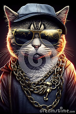 cat gangsta rapper in sunglasses and gold chains. Thug life concept. Generative AI illustration Cartoon Illustration