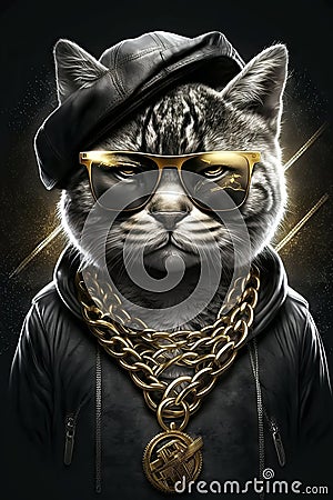 cat gangsta rapper in sunglasses and gold chains. Thug life concept. Generative AI illustration Cartoon Illustration