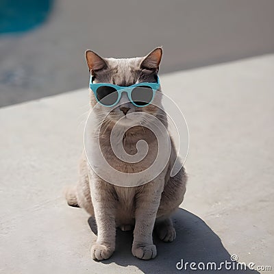 A cat getting dressed for the impending summer and donning sunglasses Cartoon Illustration