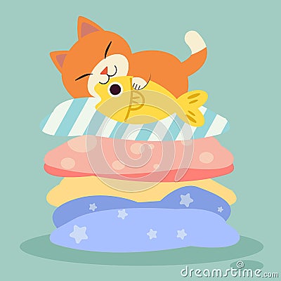 Cute character cartoon of cat sleeping on the pillow. The pillow is simple pattern. Relax cat .Good night. Have a Good dream. Cat Stock Photo