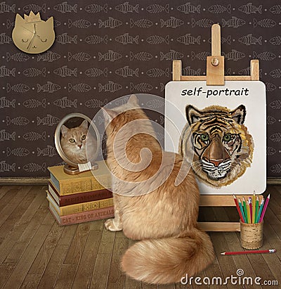 Cat ginger looks in mirror near its self-portrait Stock Photo