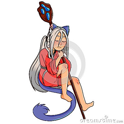 Cat girl in a red dress with a staff Stock Photo