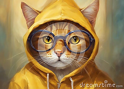 Cat with glasses. Cat in a yellow hoodie. Round glasses. Ginger cat close up. Fantastic backdrop. AI generated Stock Photo