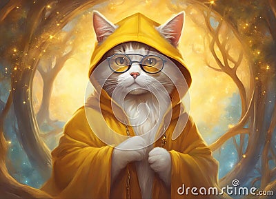 Cat with glasses. Cat in a yellow hoodie. Round glasses. Ginger cat close up. Fantastic background. AI generated Stock Photo