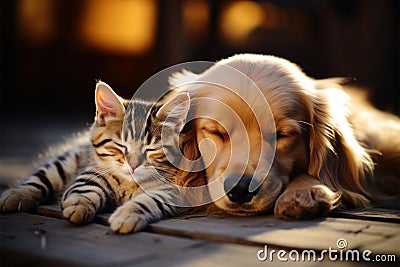 Cat and golden retriever snooze together in adorable harmony Stock Photo