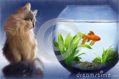 Cat and a goldfish. Stock Photo