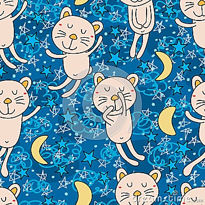 Cat good night seamless pattern Vector Illustration