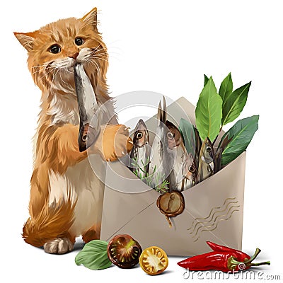 Cat got a fish in the letter of watercolor painting Stock Photo