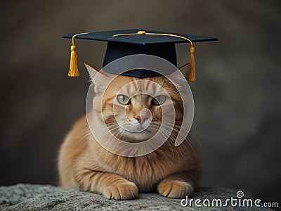 Cat with Graduation Hat. Cat posing on rock with graduation hat with tassel, funny copy space Stock Photo