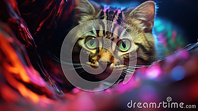 A cat with green eyes peeking out from a dark background, AI Stock Photo