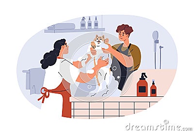 Cat in grooming salon. Groomers bathing, washing animal with feline hair shampoo, soap, water in professional pets Vector Illustration