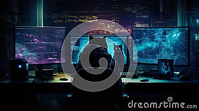 Cat hacker with three monitors, hacking complex software systems Stock Photo