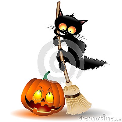 Cat Halloween Character scared by a Pumpkin and climbing on a Witch Broom Vector illustration Vector Illustration