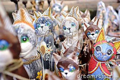 Cat Handcraft in Ubud Art Market Made of Wood Stock Photo