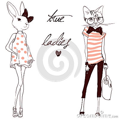 Cute cat and hare female characters Stock Photo