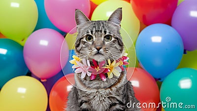 Cat with Hawaiian flower necklace at colorful balloon party Stock Photo