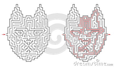 Cat head maze. Difficult vector labyrinth with entry and exit. Riddle with solution - red passing route. Logic game for Vector Illustration