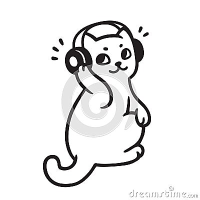 Cat with headphones listening music Vector Illustration