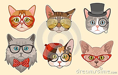 Cat heads. Cute funny cats avatar muzzles with accessories, glasses and hats, bow tie. Happy hipster pets vector Vector Illustration