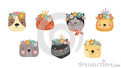 Cat heads with flower crown. Cute cats in floral wreath and princess crown. Funny kitties for birthday greeting card Vector Illustration