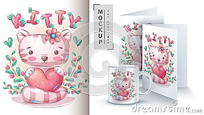 Cat with heart poster and merchandising. Stock Photo