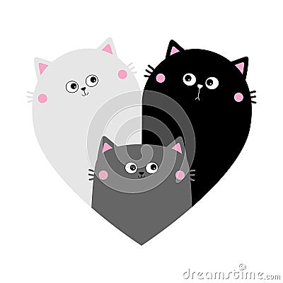 Cat heart set. Mother, father, bay. Happy Valentines day. Cute cartoon kawaii funny character. Black White Yin Yang kitty kitten. Vector Illustration