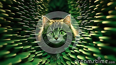 A cat is hiding in a green tunnel, AI Stock Photo