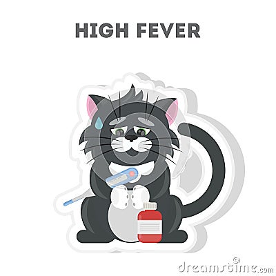 Cat with high fever. Vector Illustration