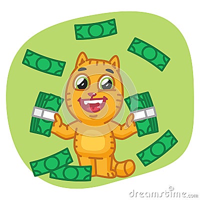 Cat Holding Money and Happy Vector Illustration