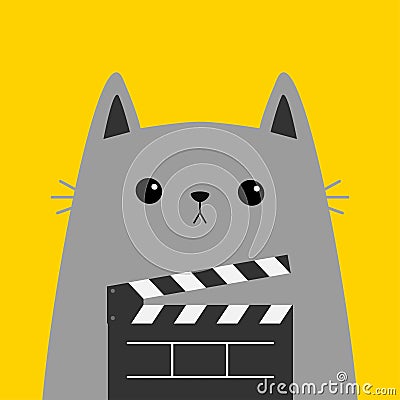 Cat holding movie clapper board. Cute cartoon funny character. Cinema theater. Kitten watching movie. Film show. Kids sticker Vector Illustration