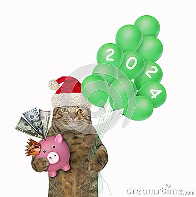 Cat holds piggy bank and balloons 2024 Stock Photo