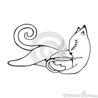 The cat hugs a cup of fragrant coffee, tea or cocoa. Vector Illustration