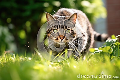 cat hunting and pouncing on bugs in a summer yard Stock Photo
