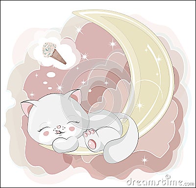 Cat with ice cream on the moon Vector Illustration