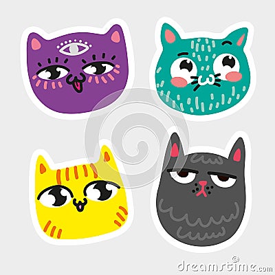 Cat icon collection Quad colorful isolated cat stickers Striped yellow cat purple cat with eye in forehead blue in Vector Illustration