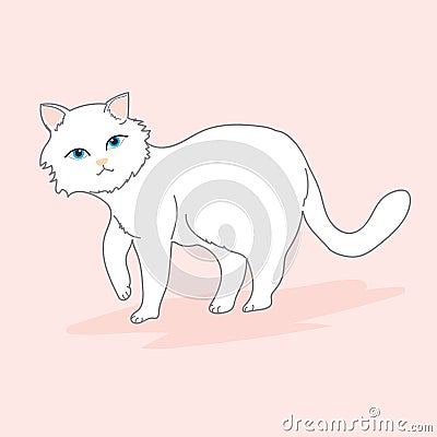 Cat Illustration clipart. Cute white cat is walking. Stock Photo