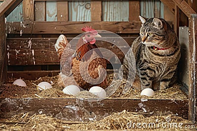 The cat inside the chicken coop Stock Photo