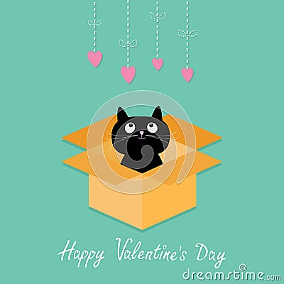 Cat inside opened cardboard package box. Hanging hearts. Happy Valentines day card Flat design style. Vector Illustration