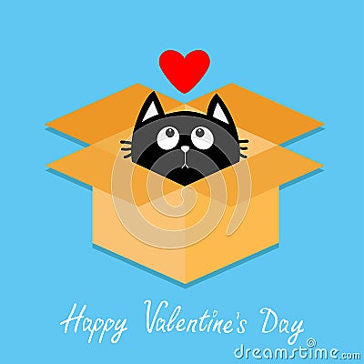 Cat inside opened cardboard package box. Kitten looking up to red heart. Happy Valentines day Flat design style. Kawaii animal. Lo Vector Illustration